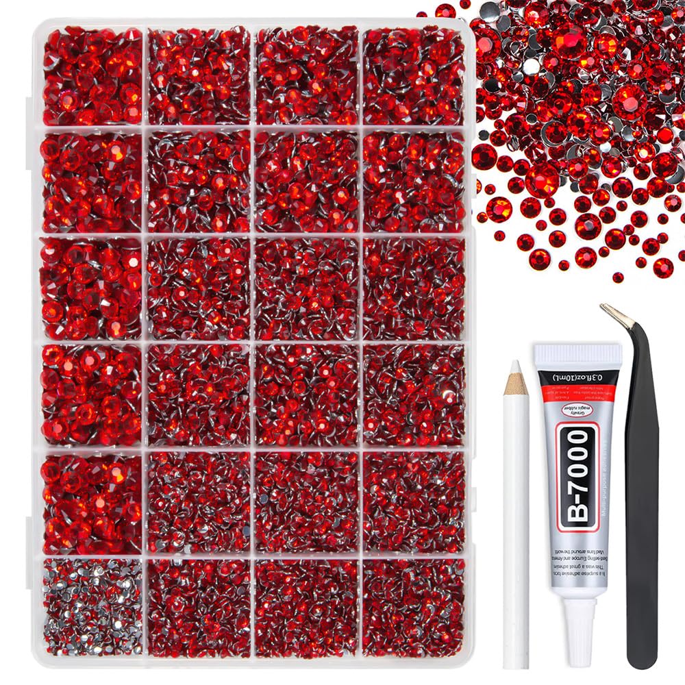 qiipii Siam Red Crystal Resin Rhinestones w B7000 Jewelry Glue for Bedazzling Crafting 2-6mm Ruby Flatback Stones Diamonds Crystals Gems for Nails