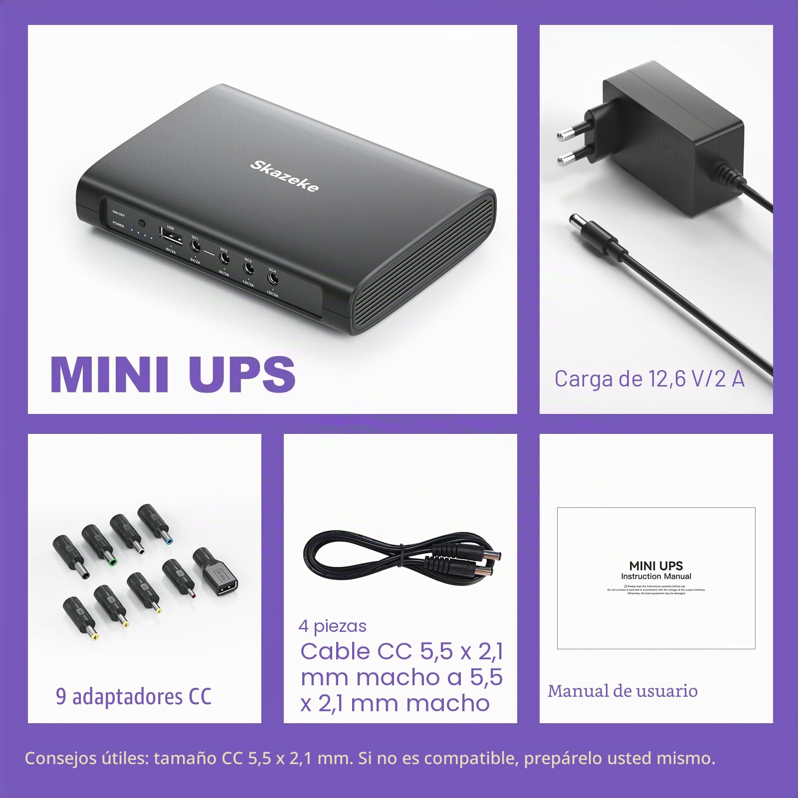 Mini UPS, sistema de alimentación ininterrumpida de 15000 mAh con salida de CC USB 5 V/2 A CC 5 V/9 V/12 V/2 A, batería de respaldo para enrutador, módem, cámara de seguridad, extractor de leche y más