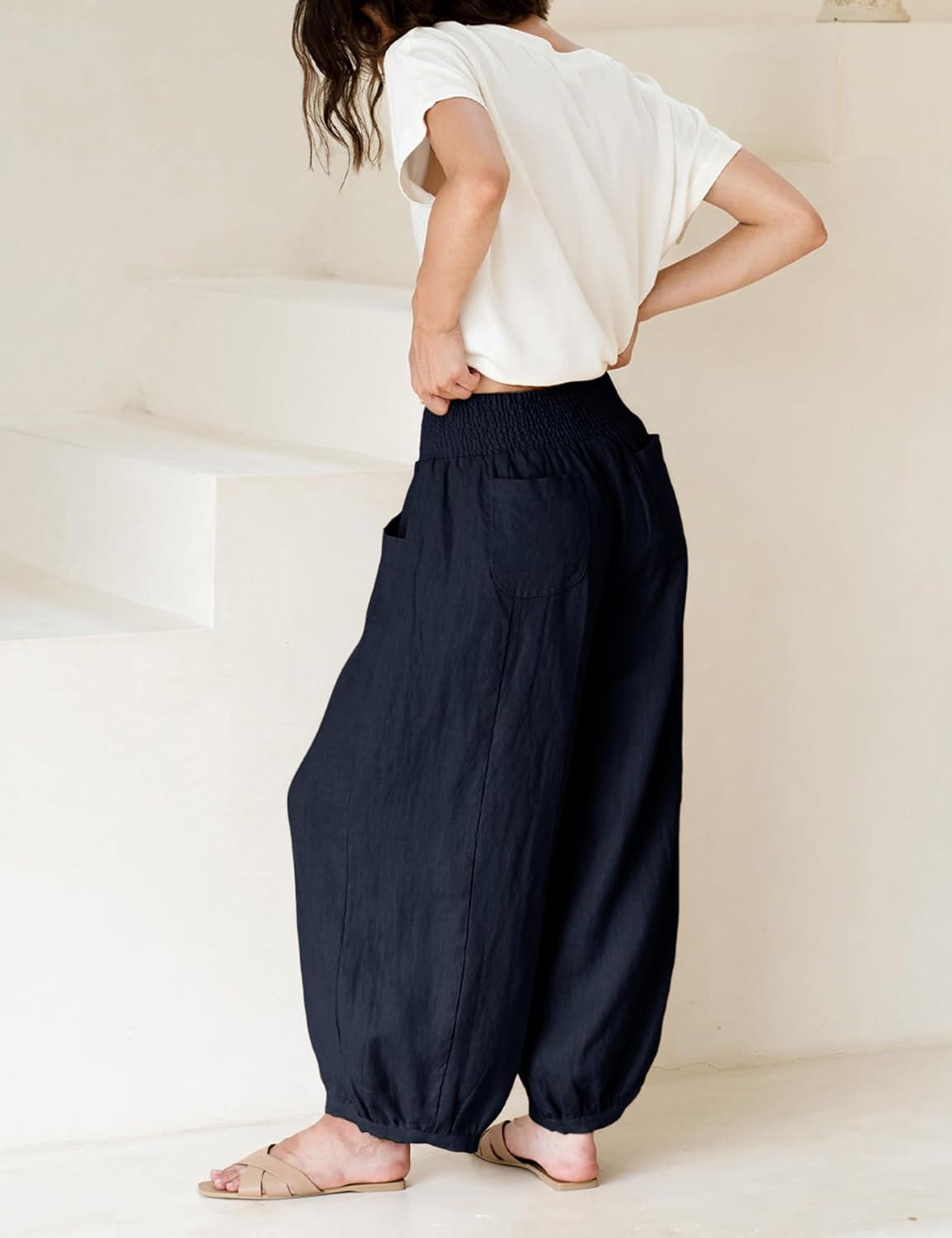 Xiaoxuemeng Womens Wide Leg Pants Cotton Linen Barrel Pants Elastic Waisted Lounge Trousers with Pockets - Image 3