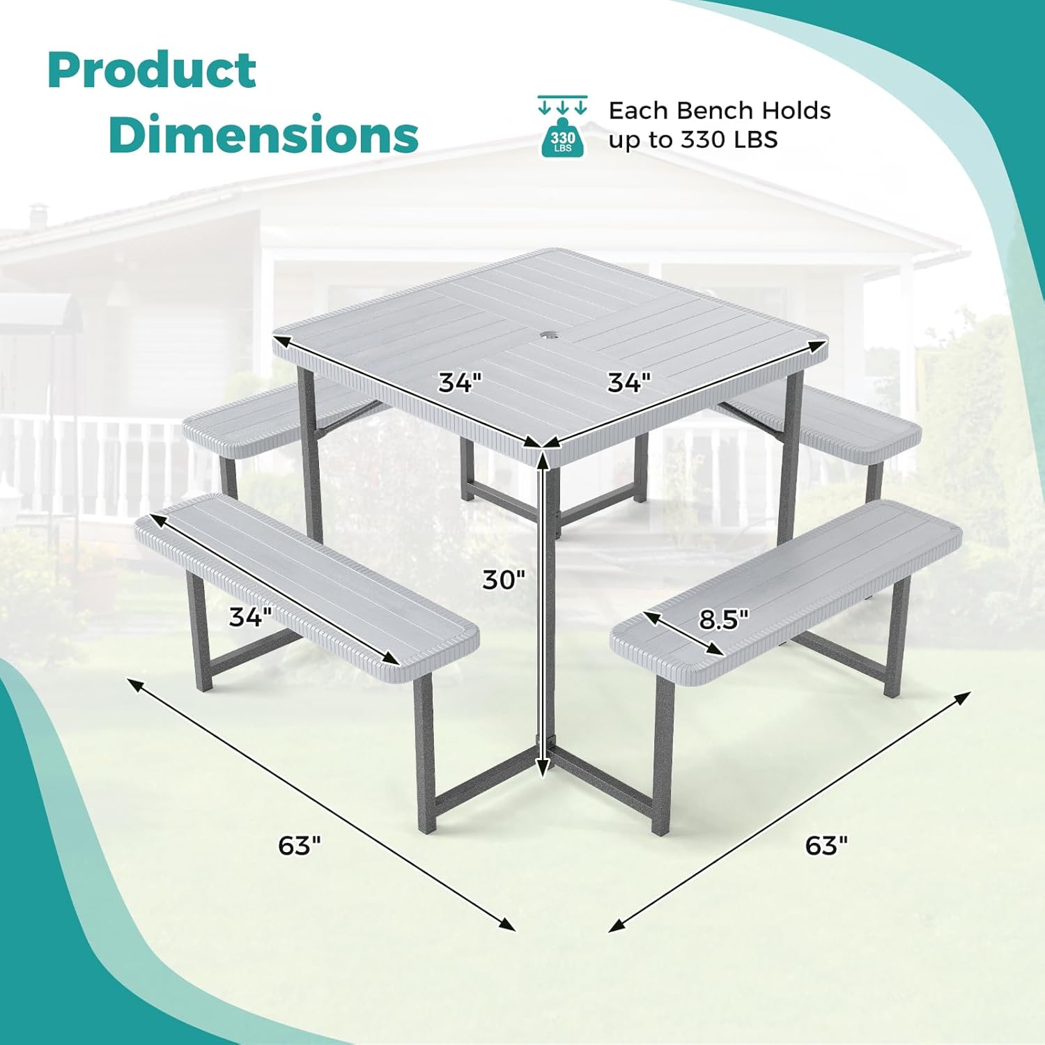Byroce Outdoor Picnic Table for 4-8 Person, HDPE Picnic Camping Table Set with 4 Benches, Umbrella Hole & Metal Frame, Heavy Duty Square Dining Table Chairs for BBQ in Patio, Yard & Poolside (Gray)