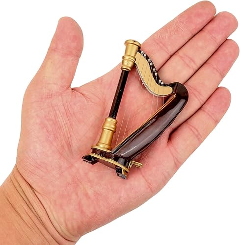 Miniatura 2 de Seawoo Arpa de madera en miniatura con estuche Mini instrumento musical réplica miniatura casa de muñecas modelo decoración del hogar