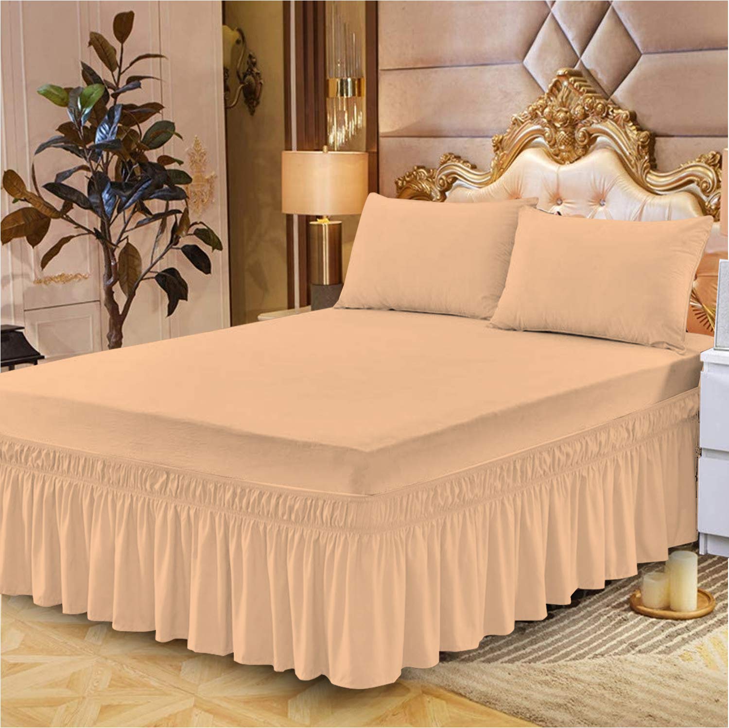 Valance Sheet Double Polycotton Non-Iron Plain Dyed Luxury Bedding Double Bed Valance Sheets Latte Beige -135 X 190 + 25 cm + Frill 40 cm