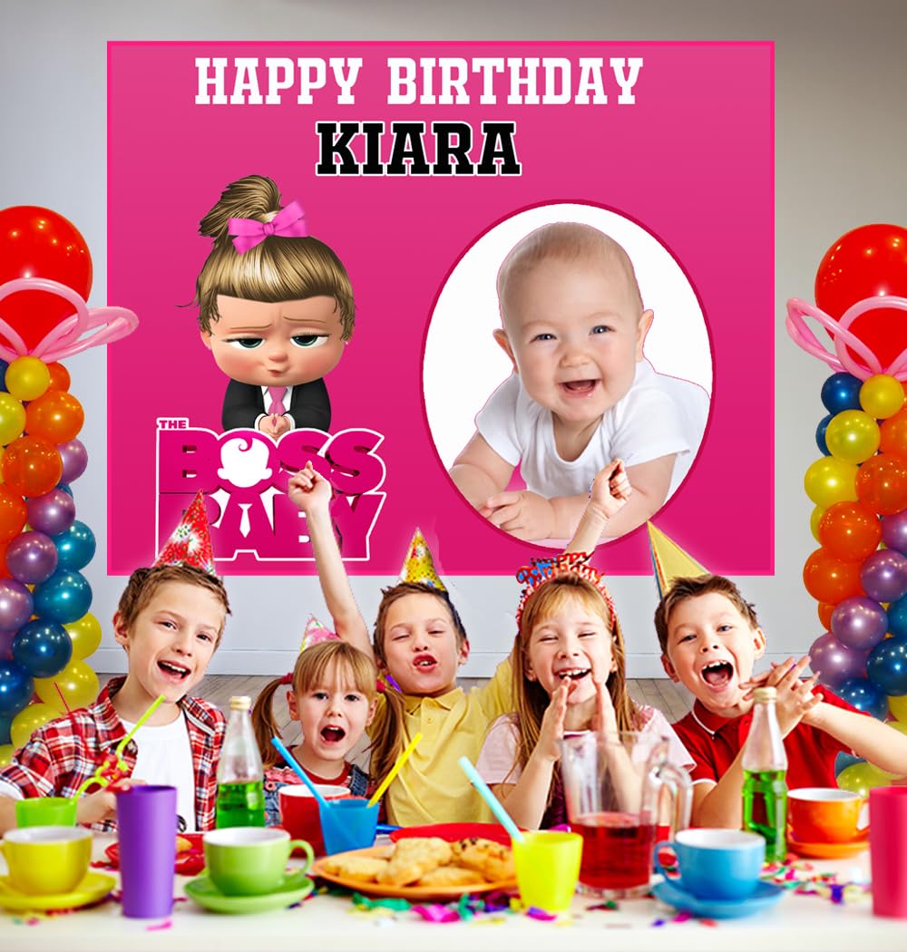 WoW Party Studio Personalized Baby Boss Pink Theme Party Happy Birthday Decorations with Birthday Boy/Girl Name, Age, Made with A55 Coated Fabric, Photo Background/Backdrop Wall Banner - Large Size 4ft height x 5ft width 1