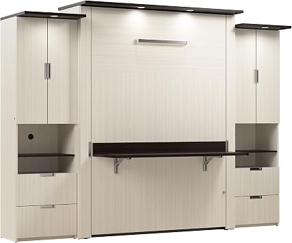 Bestar Lumina 114W Queen Murphy Bed with Desk and 2 Storage Cabinets in White Chocolate, Space-Saving Multipurpose Sleeping Arrangement