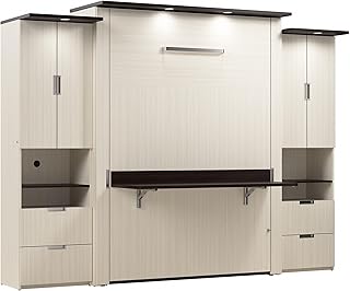Bestar Lumina 114W Queen Murphy Bed with Desk and 2 Storage Cabinets in White Chocolate, Space-Saving Multipurpose Sleeping Arrangement