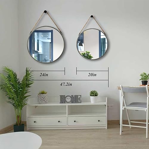 Miniatura 50 de POZINO Espejo redondo, espejo colgante de 24 pulgadas con cuerda, espejos de pared circular, marco negro, espejos de granja para baño, dormitorio