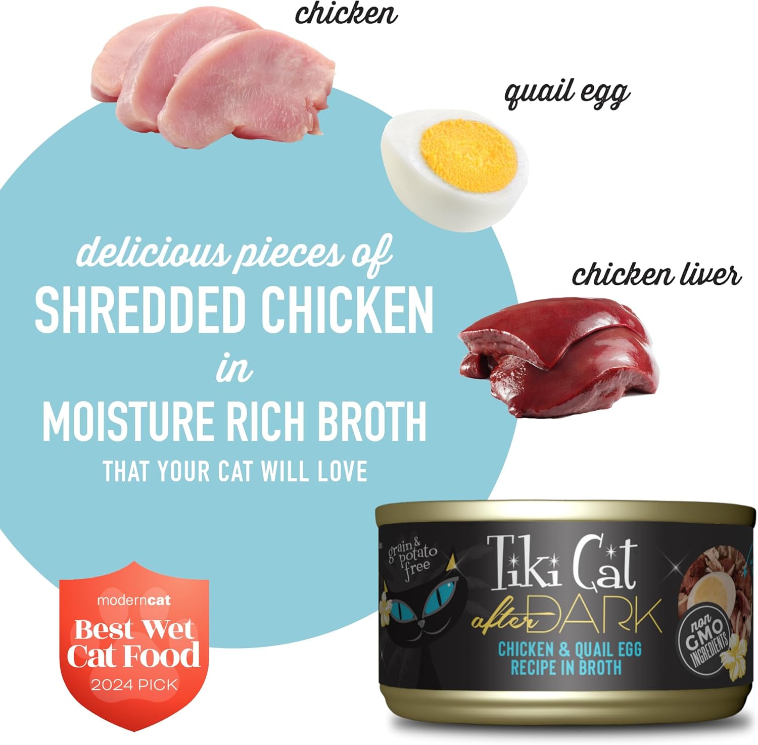 Tiki Cat After Dark, Chicken & Quail Egg in Broth, High-Protein and 100% Non-GMO Ingredients, Wet Cat Food for Adult Cats, 2.8 oz. Cans (Pack of 24)