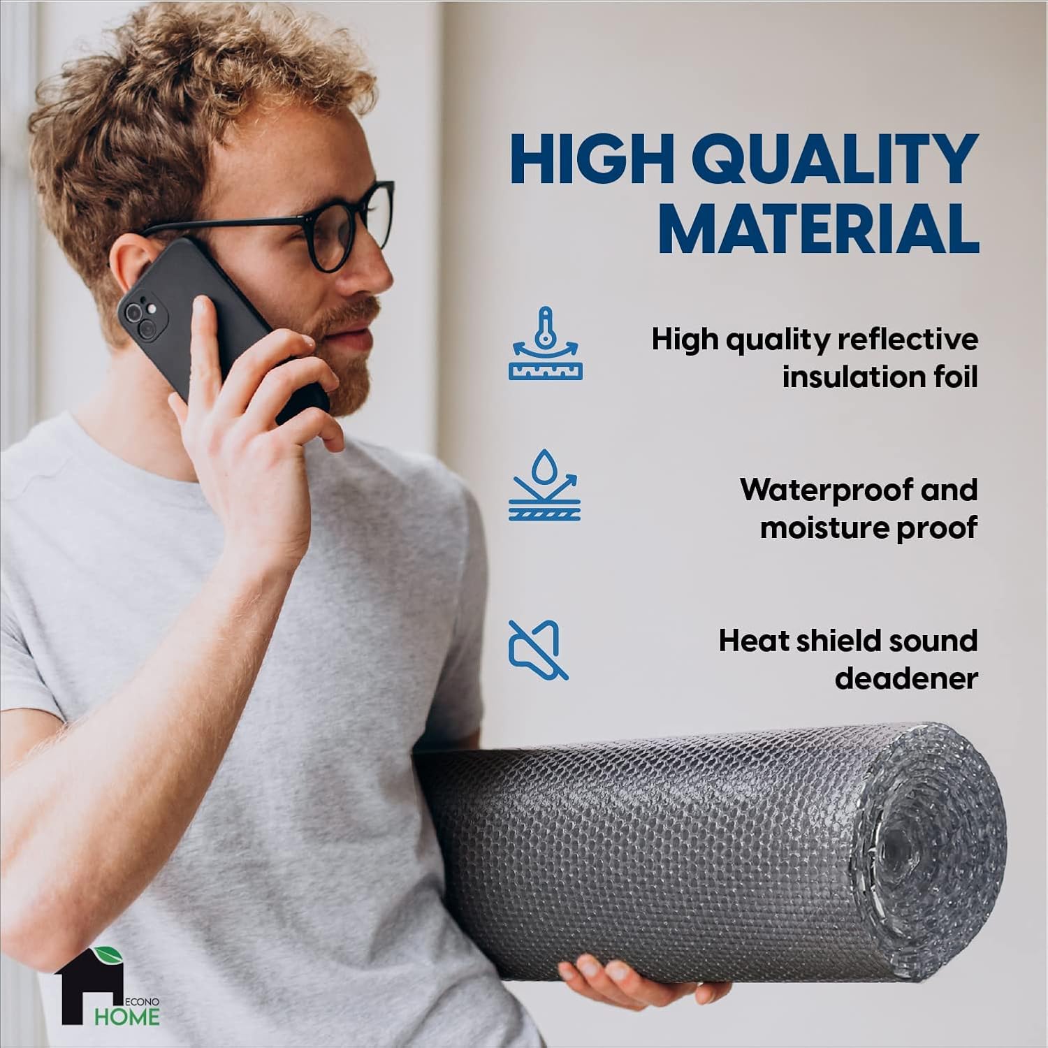 EconoHome Double Bubble Reflective Foil Insulation - Reflective Insulation Roll with Metal Foil Cover - Heat Radiant Barrier for Wall, Attic, Air Duct, Window Coverings, Radiator Cover - 4'x125'