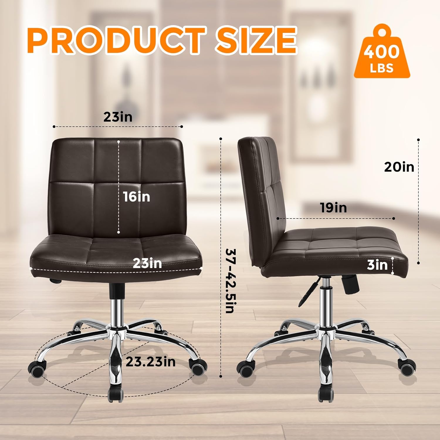 360° Office Desk Chair,PU Adjustable Rolling Task Chair with Backrest for Barber,Office,Home, Computer,360° Swivel,Armless，desk chair without arms，office chair 400+ lb weight capacity(Widened Brown)