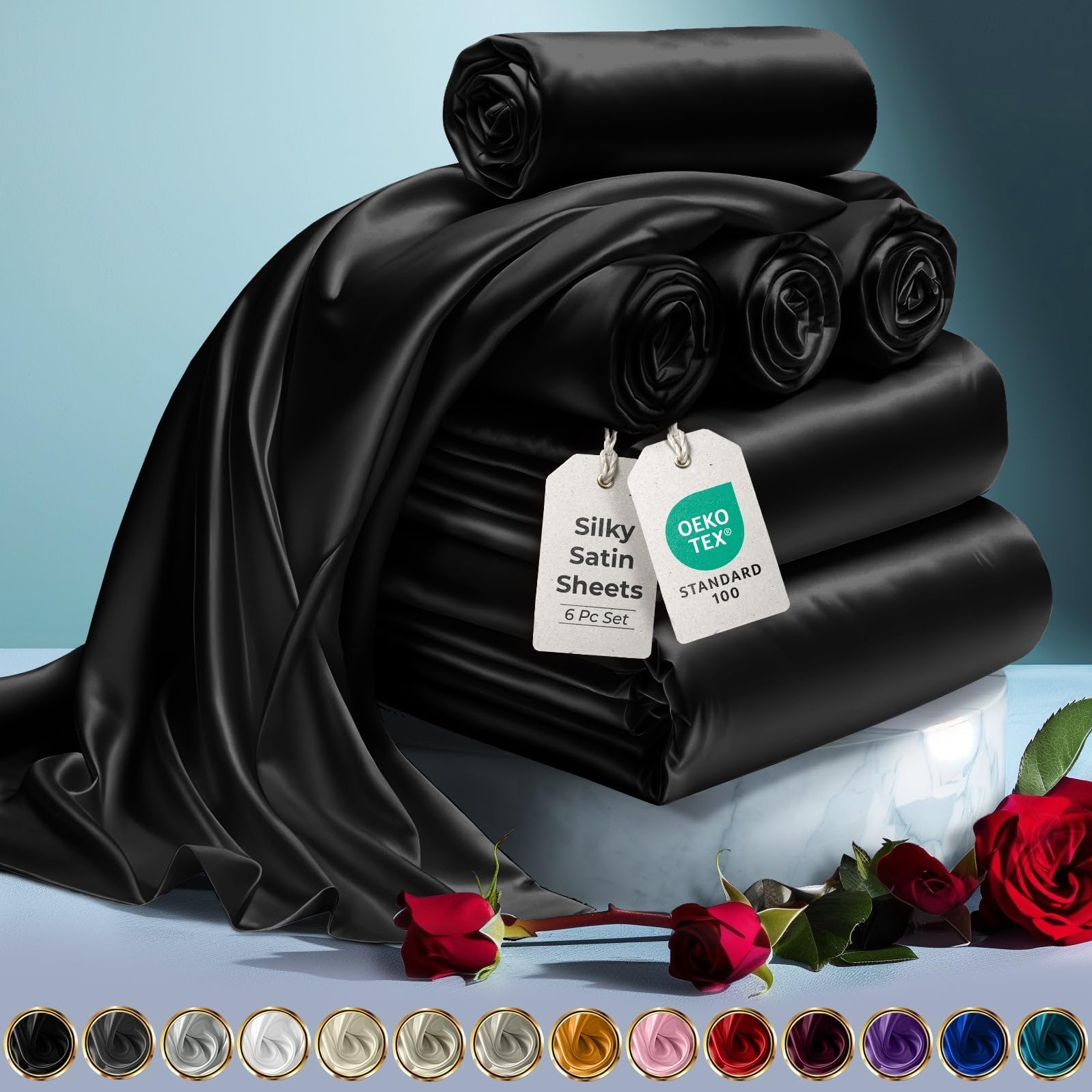 DECOLURE Satin Bed Sheets - 6 Piece Luxury Silky Queen Size Bedding Set - Softer Than Silk, Wrinkle-Free with 15” Deep Pocket Fitted Sheet, Perfect for Hair & Skin, Gifts for Women (Black)