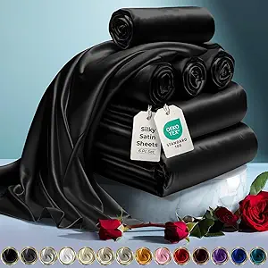 Satin Bed Sheets - 6 Piece Luxury Silky King Size Bedding Set - Wrinkle-Free, Deep Pocket Fitted Sheet, Soft & Cool Touch, Perfect for Hair & Skin, Black