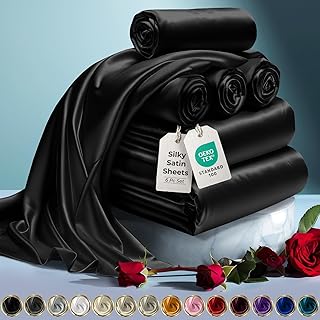 DECOLURE Satin Bed Sheets - 6 Piece Luxury Silky Full Size Bedding Set - Softer Than Silk, Wrinkle-Free with 15” Deep Pocket Fitted Sheet, Perfect for Hair & Skin, Gifts for Women (Black)