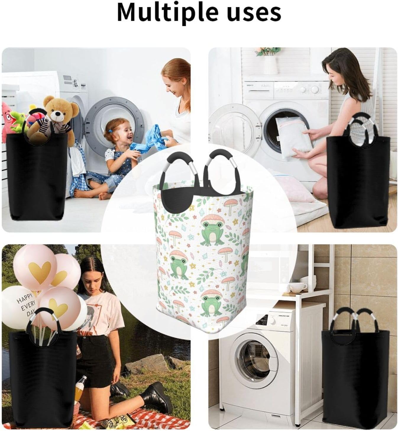 LIBIFALL Frog and Mushrooms Laundry Basket Frogs 50L Large Collapsible Laundry Hamper Bag Clothes Hampers with Handles Storage For Dorm Family