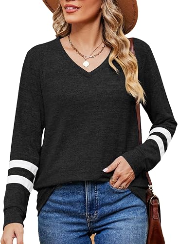 Womens V Neck Sweater Loose Fit Long Sleeve Shirt Dressy Cas