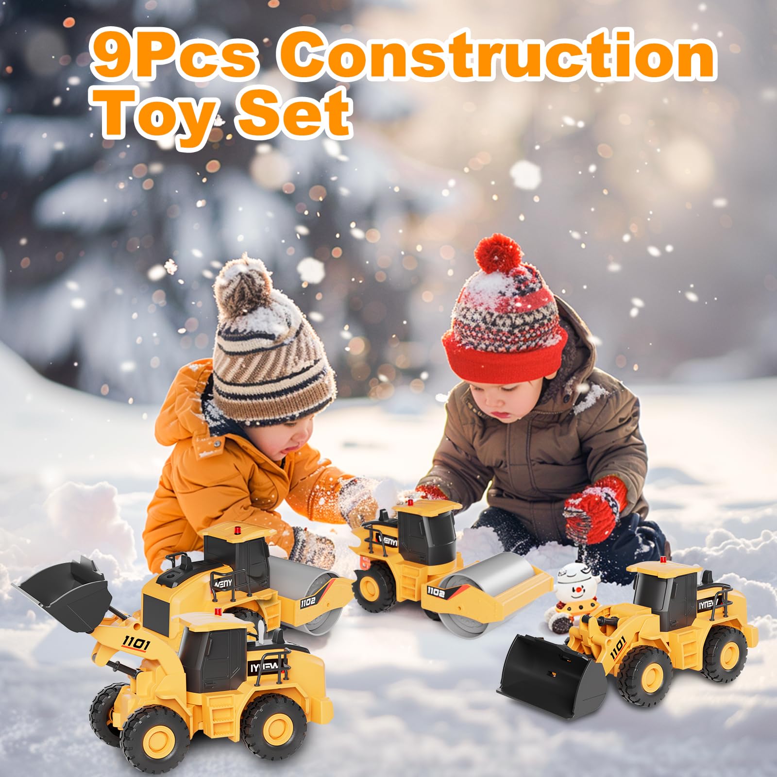 Engin de Chantier Jouet, 2Pcs Jouets de Sable avec Musique & Lumière, Jouets de Camion Bulldozer et Rouleau compresseur, Cadeau pour Garçons Filles Enfants Âgés de 3 4 5 6 7 8 Ans