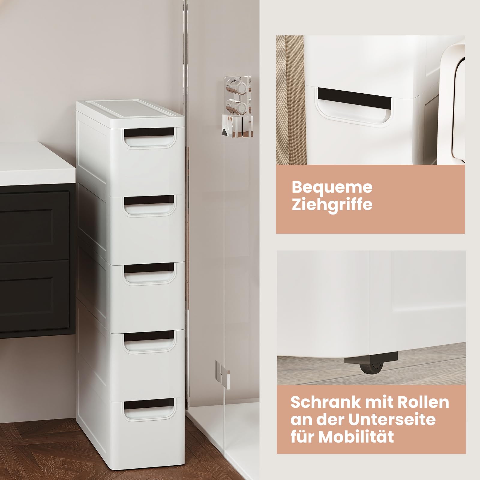 Schmaler Badezimmerschrank auf Rollen, Schmaler Badezimmerschrank mit 3/4/5 Schubladen, Mobiler Schubladenschrank, Freistehender Kompakter Schrank, Organizer für Wohnzimmer (5 Schubladen)