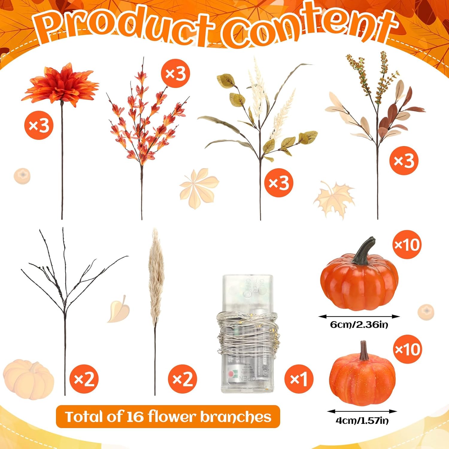 Yalikop Fall Thanksgiving Pumpkin Display with Flower Include 16 Pcs Artificial Fall Flowers and 20 Pcs Mini Pumpkin Vase Fillers LED Floral Stems for DIY Autumn Home Table Centerpiece Decorations
