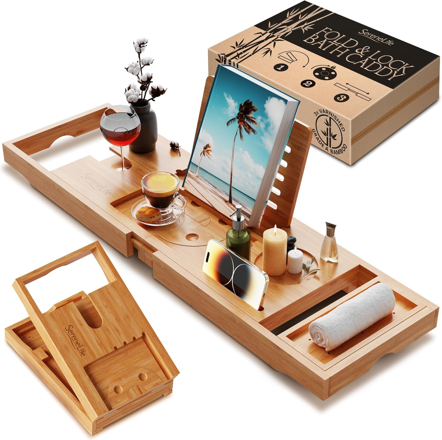 SereneLife bandeja para bañera, Plegable, Extensible de 30” a 43”, Ajustable, Baño, Soporte para copa de vino, Libro, Movil, Tablet, Facil almacenamiento