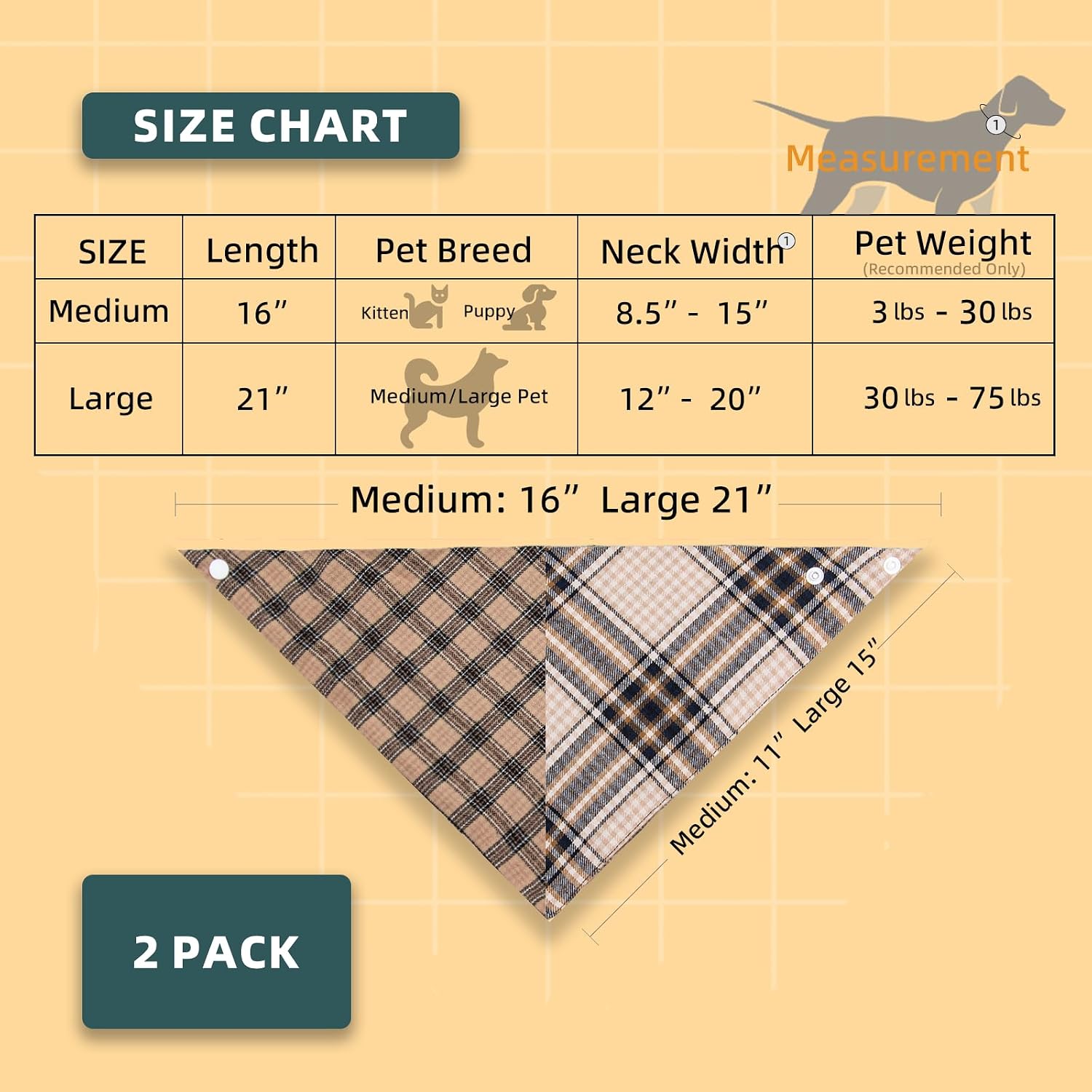 Dimidium 2 Pack Dog Bandana - Timeless Classic Plaid, Adjustable Snap Button, Ultra-Soft Breathable Fabric, Washable Puppy Neck Scarf for Daily Walks & Photoshoots, 6lbs to 30lbs,Medium image 4