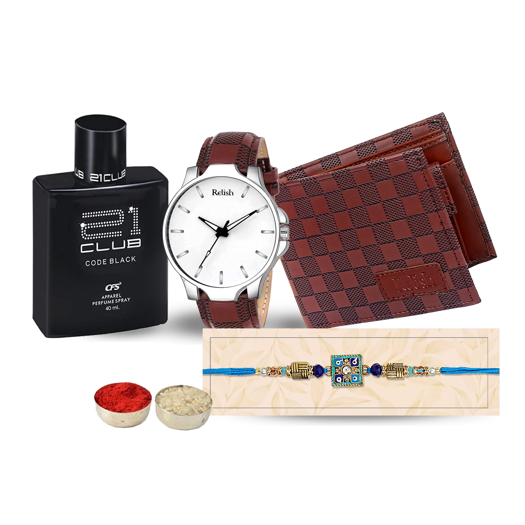 Relish Analogue White Dial Brown Watch & Perfume, Wallet, Fancy Rakhi, | Rakhi Combo for Brother | Combo for Brother (B0C5MGVBGN) Amazon Price History, Amazon Price Tracker
