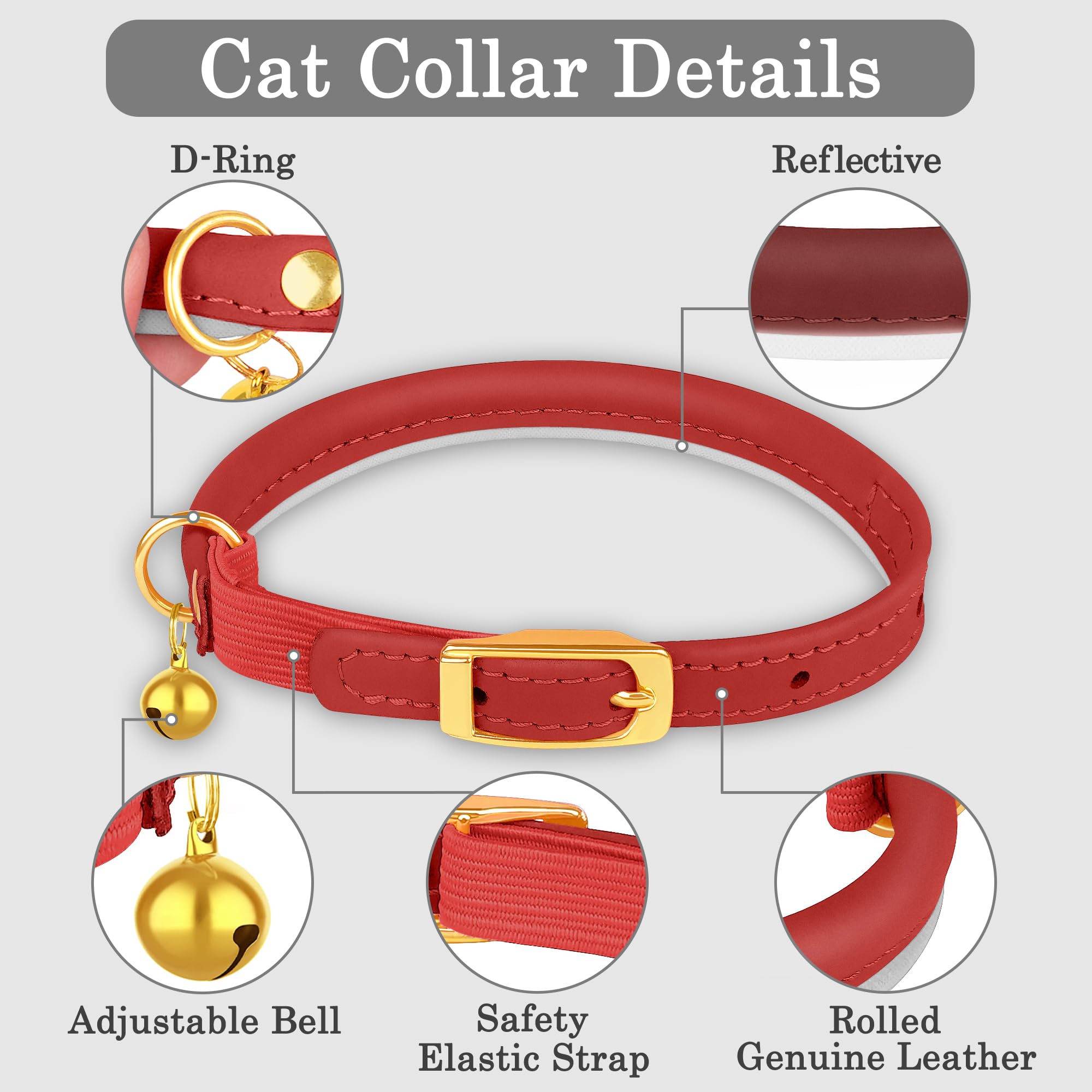 OOPSDOGGY Rolled Leather Cat Collar with Bell, Reflective Kitten Collar with Safety Elastic Strap - Image 4