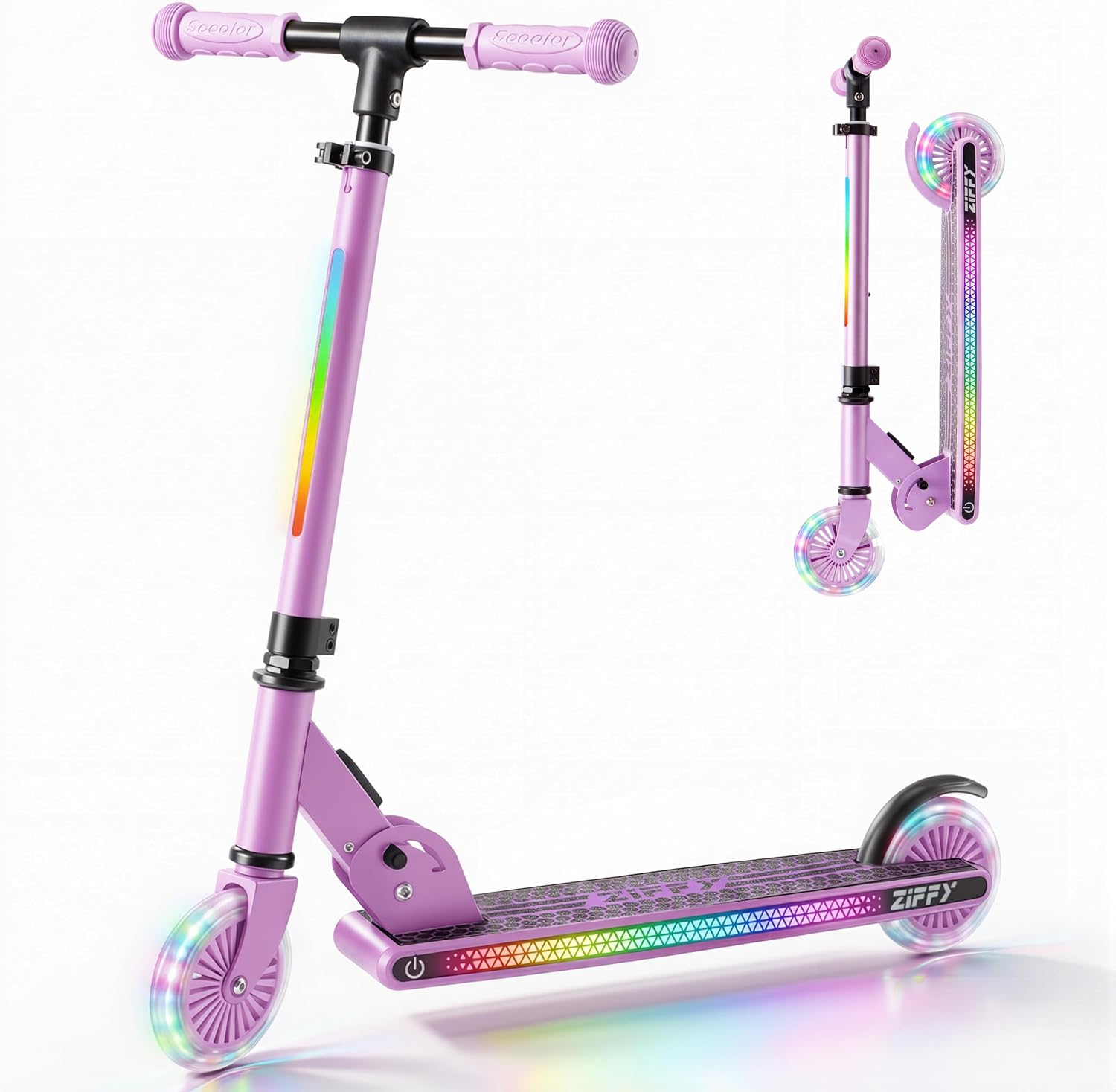 JOVA ZIFFY Light Up Scooter for Kids 3-12, 2 Wheel Foldable Kids Kick Scooter, 3 Adjustable Height, ABEC-7 Bearing with 4'' PU Wheels, Rear Foot Brake, Gift for Boys& Girls (Up to 110lb)