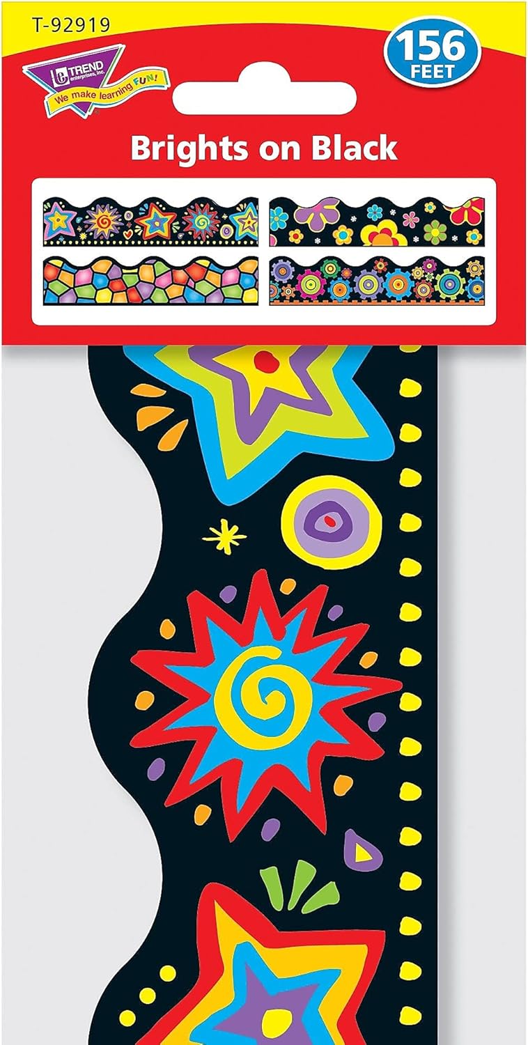 Trend Enterprises TREND Terrific Trimmers Border Variety Set, 2.25" X 39", Bright On Black, Assorted Colors/Designs, 48/Set