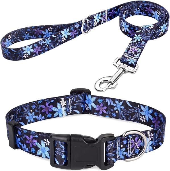 Mihqy Collier pour Chien et Laisse, Motif Tendance avec Boucle à dégagement Rapide, Bohème, Fleur Design, Collier Classique, pour Petits, Moyens et Grands Chiens(Bleu Fleuri Set,M) - 1