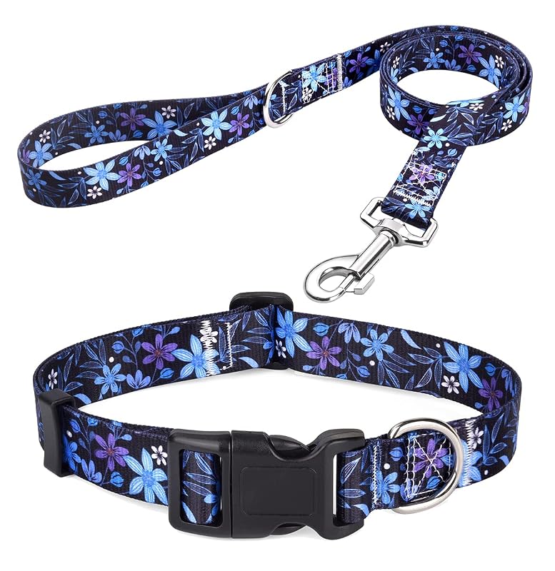 Coleira e Guia para Cães Mihqy em Poliéster, Estampa Floral Z-Blue Floral Set, Tamanho M (33–55 cm)