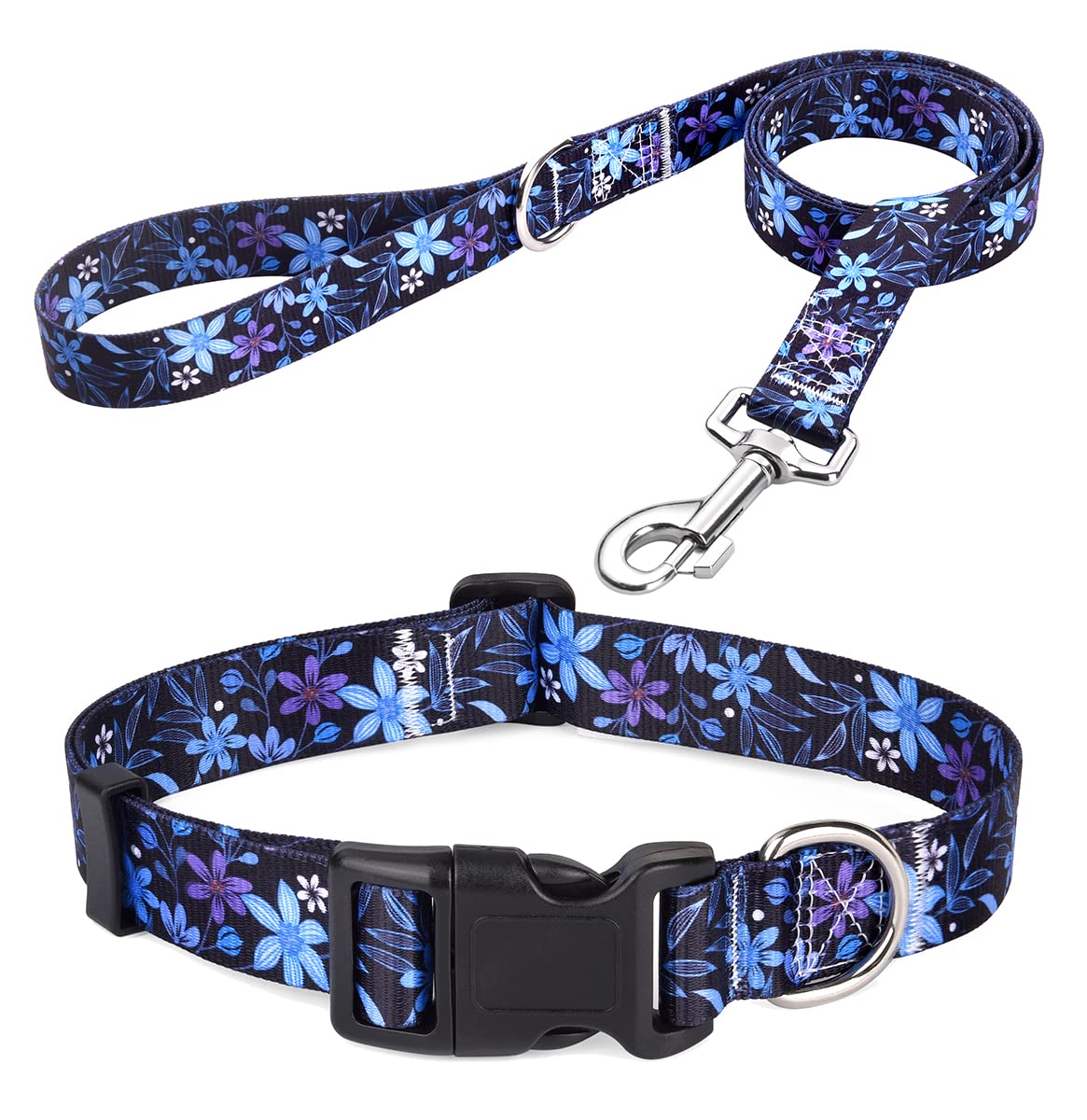 Mihqy Dog Collar and Leash Set with Bohemia Floral Tribal Geometric Patterns - Soft Ethnic Style Collar Adjustable for Small Medium Large Dogs(Blue