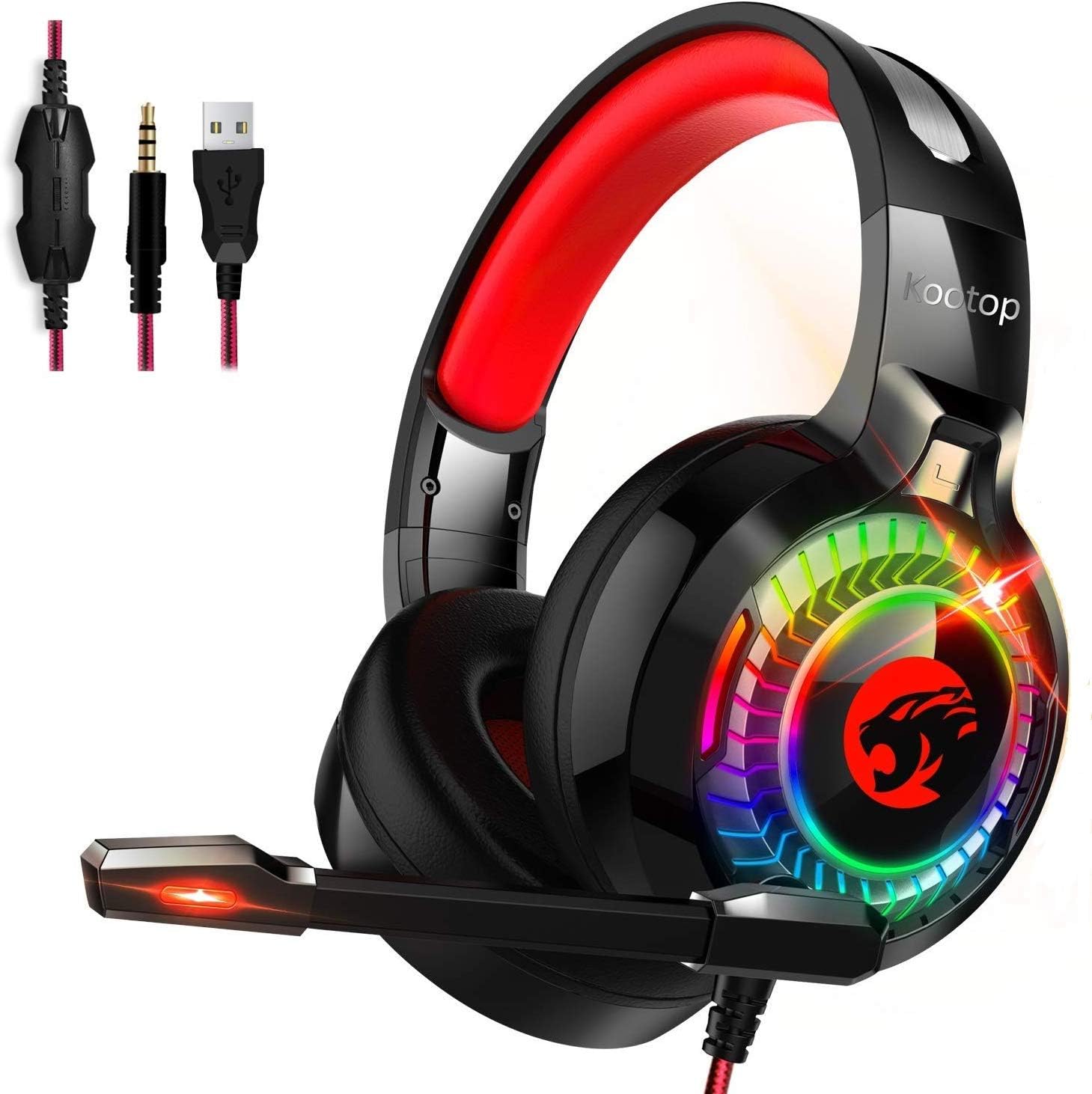 Gaming Headset for Xbox One,PS4,PC,Noise Cancelling Over Ear Headphones with Mic,RGB Light,Volume-Control, Bass, Soft Memory Earmuffs for Laptop Mac Nintendo Switch Games(Black&Red)