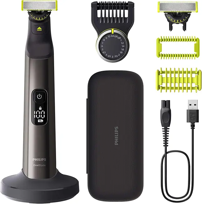 PHILIPS OneBlade Pro 360 Face & Body - elektrischer Rasierer, Trimmer & Bodygroomer, 2x 360 Klingen, Präzisionskamm, 2x Körperaufsätze, Reisetasche, Ladestation, für Gesicht & Körper (QP6652/30)