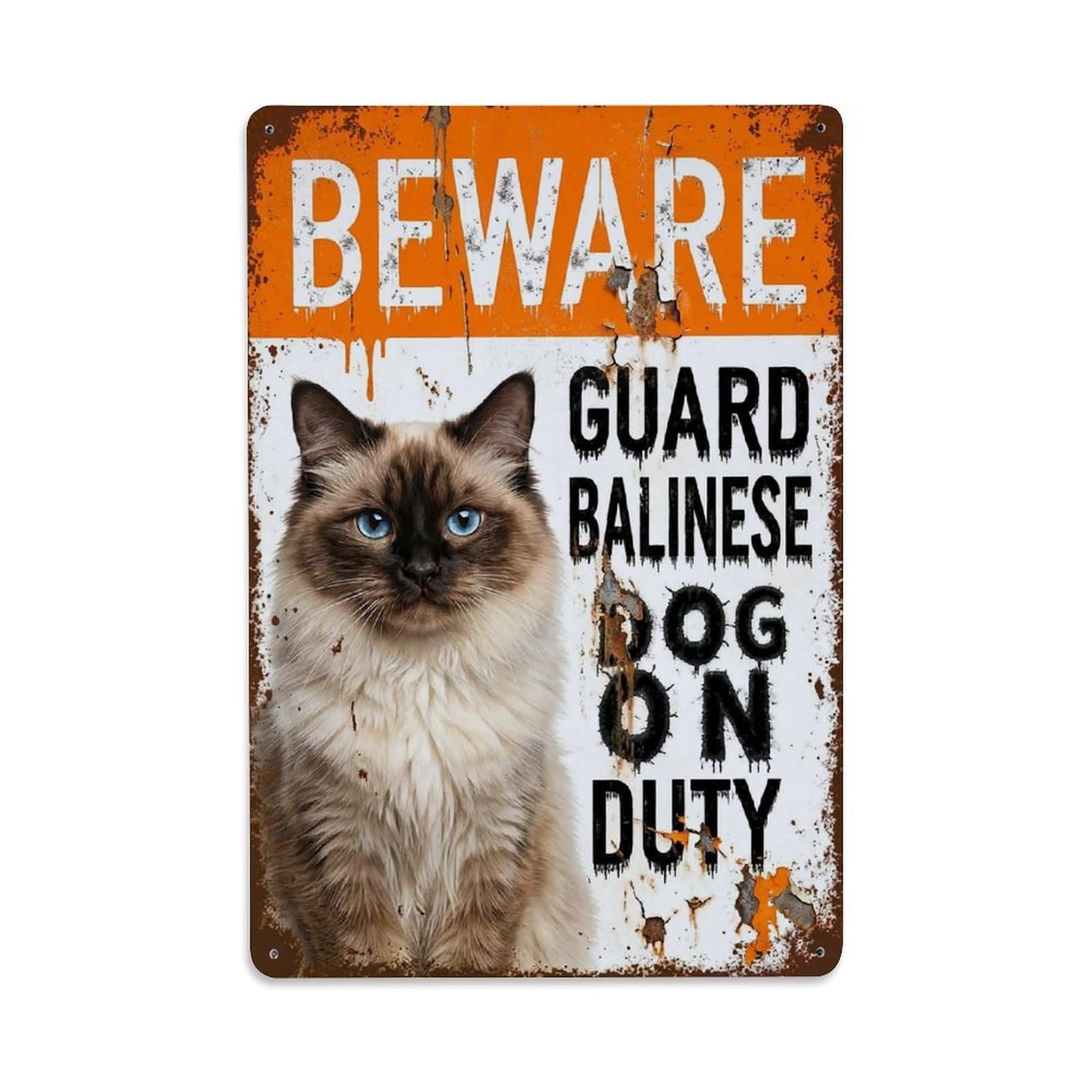 Vintage Funny Balinese Guard Beware of Cat Backyard Metal Tin Sign Plaque Wall Decor for Cafe, Club Bar, Office, Garden Metal Poster 8x12Inch