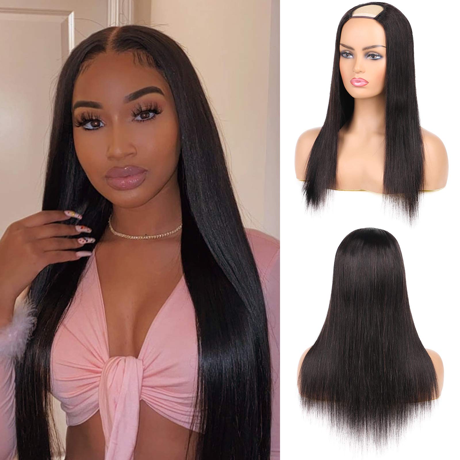 DaiMer U Part Wig Straight Human Hair 130% Density None Lace Machine Made U Shape Natural Color Clip in Half Wig Extension 22 Inch