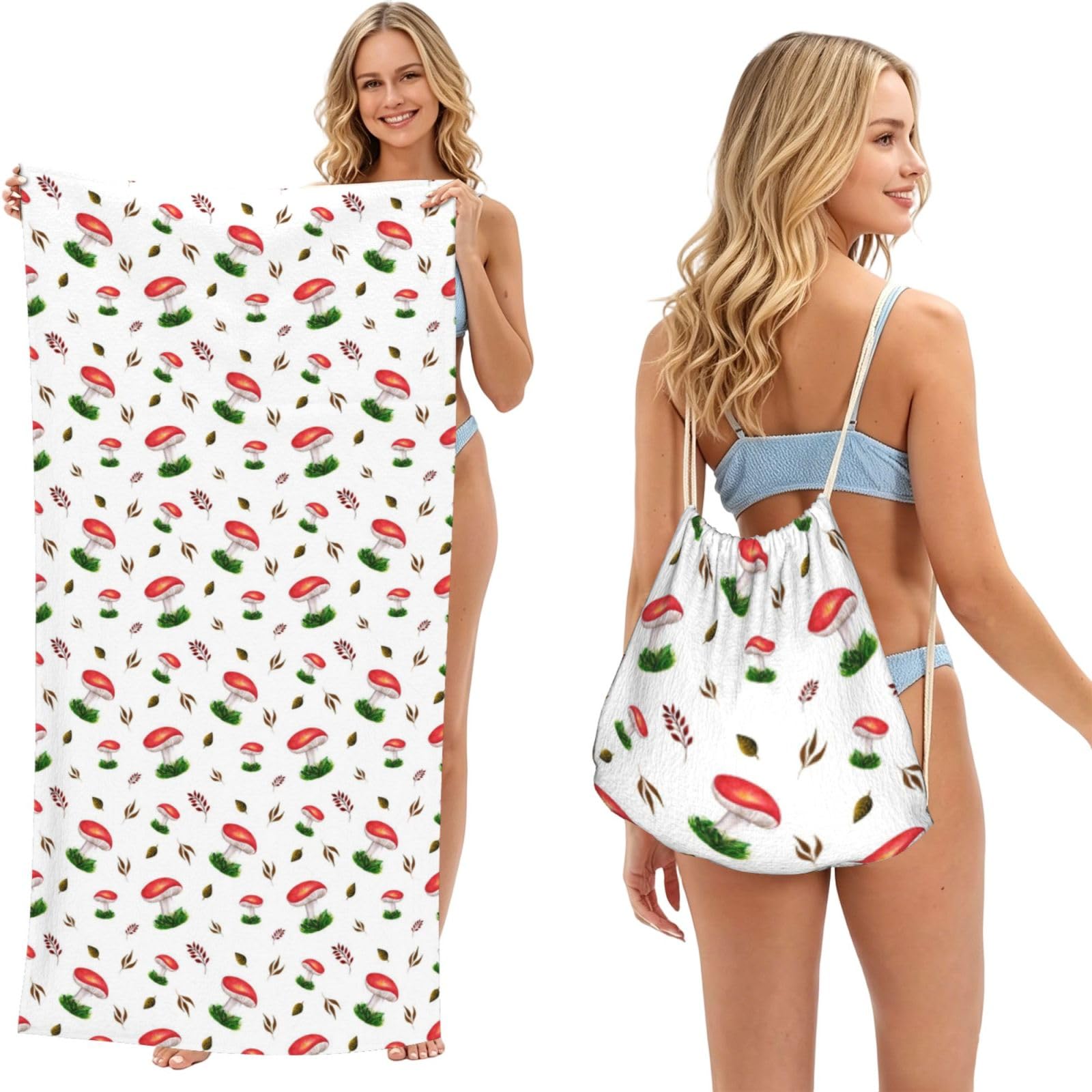 Poadnly As Picture Autumn Red Mushrooms, 2 In 1 Packable Towel Bag, Beach Towels With Drawstring Backpack For Travel Holiday Camping
