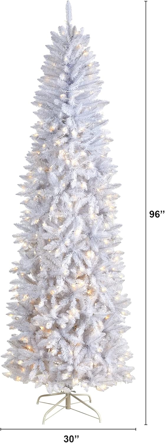 Nearly Natural 8ft. Slim White Artificial Christmas Tree with 400 Warm White LED Lights and 1348 Bendable Branches