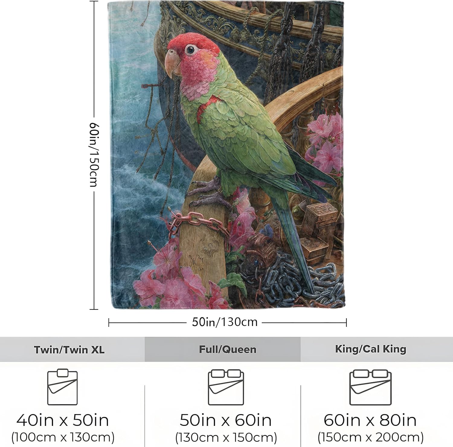 Parrot Ship Blanket, Soft Cozy Lightweight Tropical Parrot on Vintage Sailing Boat Throw Blanket for Women Kids Bird Lovers Gifts, Flannel Blankets for Sofa Couch Bed Travel Decor 50x60 Inch - Image 3