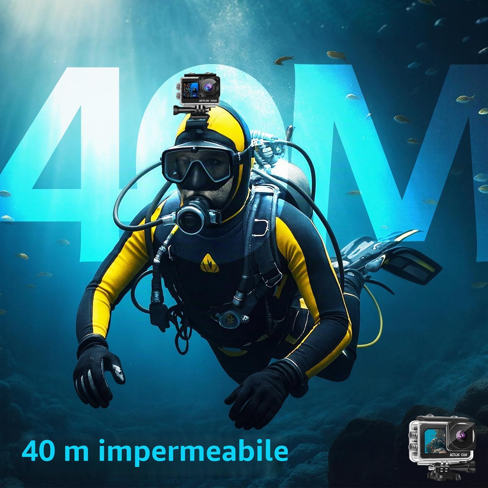 Dual Screen Action Cam FHD 1080P, fotocamera subacquea impermeabile fino a 40 m, action camera con 2 batterie ricaricabili da 1050 mAh e set di accessori
