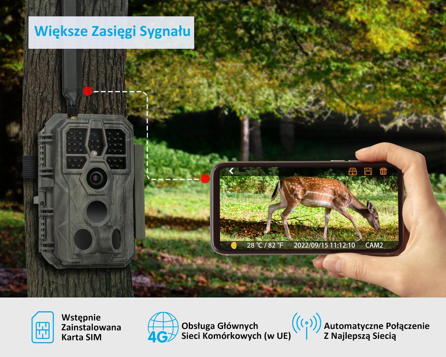 GardePro X50 Kamera myśliwska 4G LTE z kartą SIM i aplikacją, wideo H.265 48 MP, noktowizor na podczerwień 30 m, czujnik ruchu 0,1 s i wodoodporna IP66