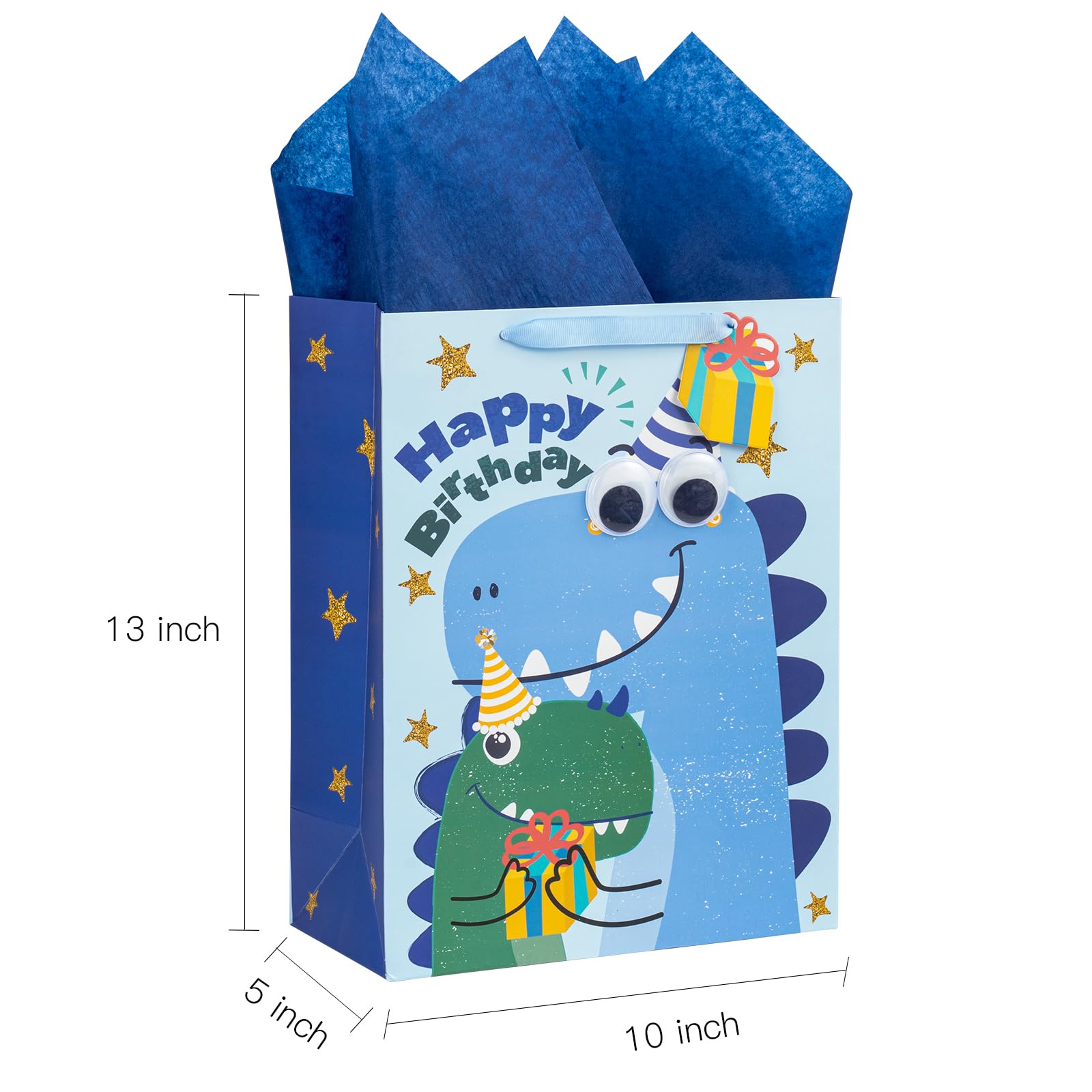 Loveinside Dinosaur Birthday Gift Bag Set, Medium Bag with Tissue Paper, Greeting Card and Tag, Blue Birthday Dinosaur Design, 10" x 5" x 13", 1 Pcs