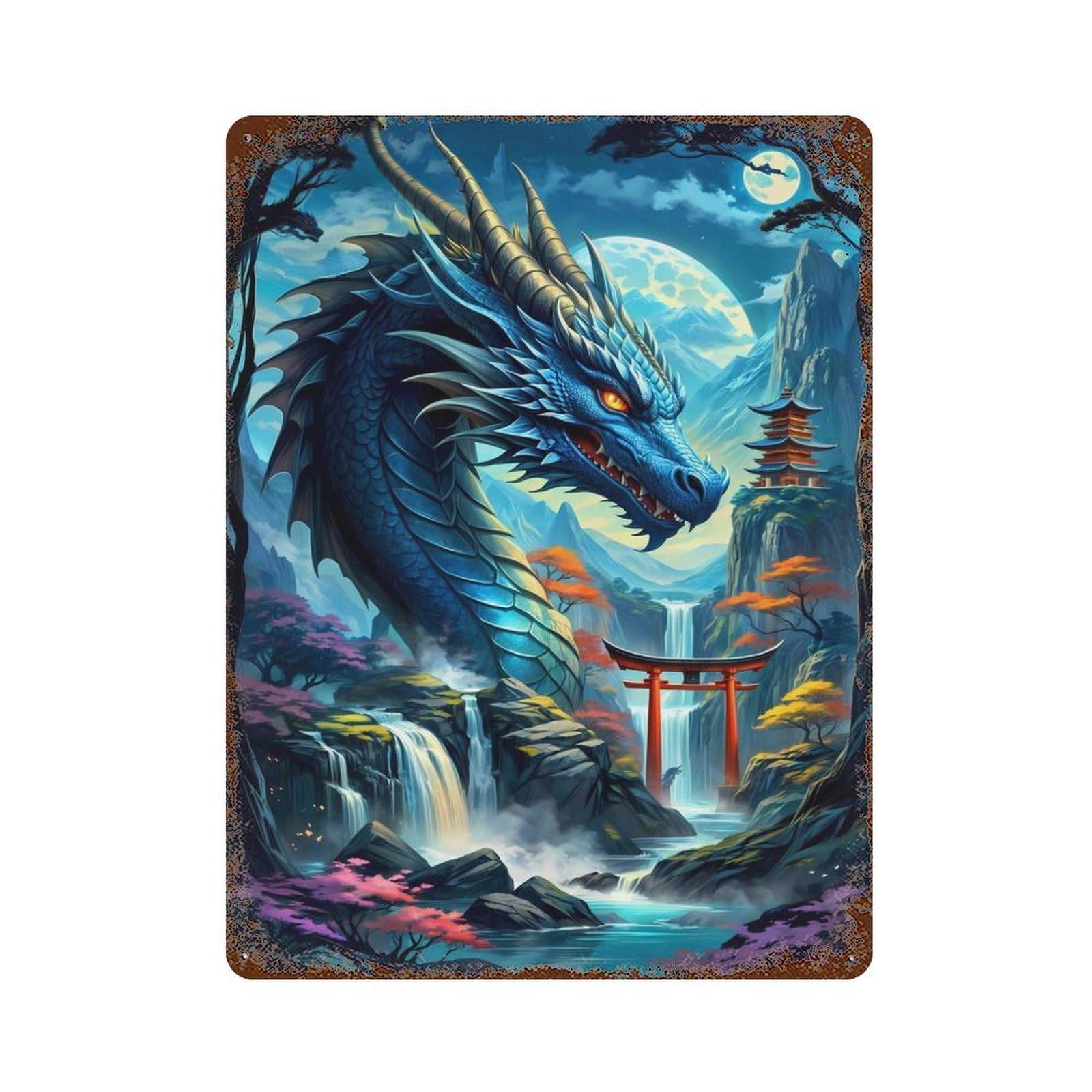 Dragon Silhouette Torii Decorative Tin Sign 15.7"x11.8", Industrial Home Decor for Garage, Pub Or Kitchen