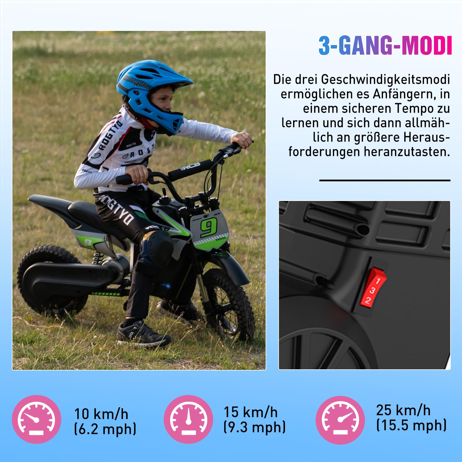 R9X PRO Elektro Motorrad Kinder, Elektromotorrad mit 350W Motor & 5,2AH Akku, 16km Reichweite, 10/15/25 km/h, Doppelstoßdämpfer, 12 Zoll Reifen, Drum-Bremse, Moto für Kinder bis 80kg (Grün)