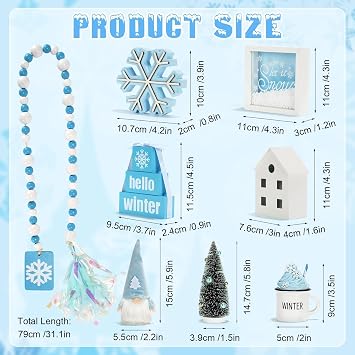 Winter Decoration for Home 8 PCS Tiered Tray Decor Set, Cute Christmas Blue Winter Decor for Shelf Mantel Office Indoor Table Centerpiece Snowflake Signs New Year Holiday Decorations Set