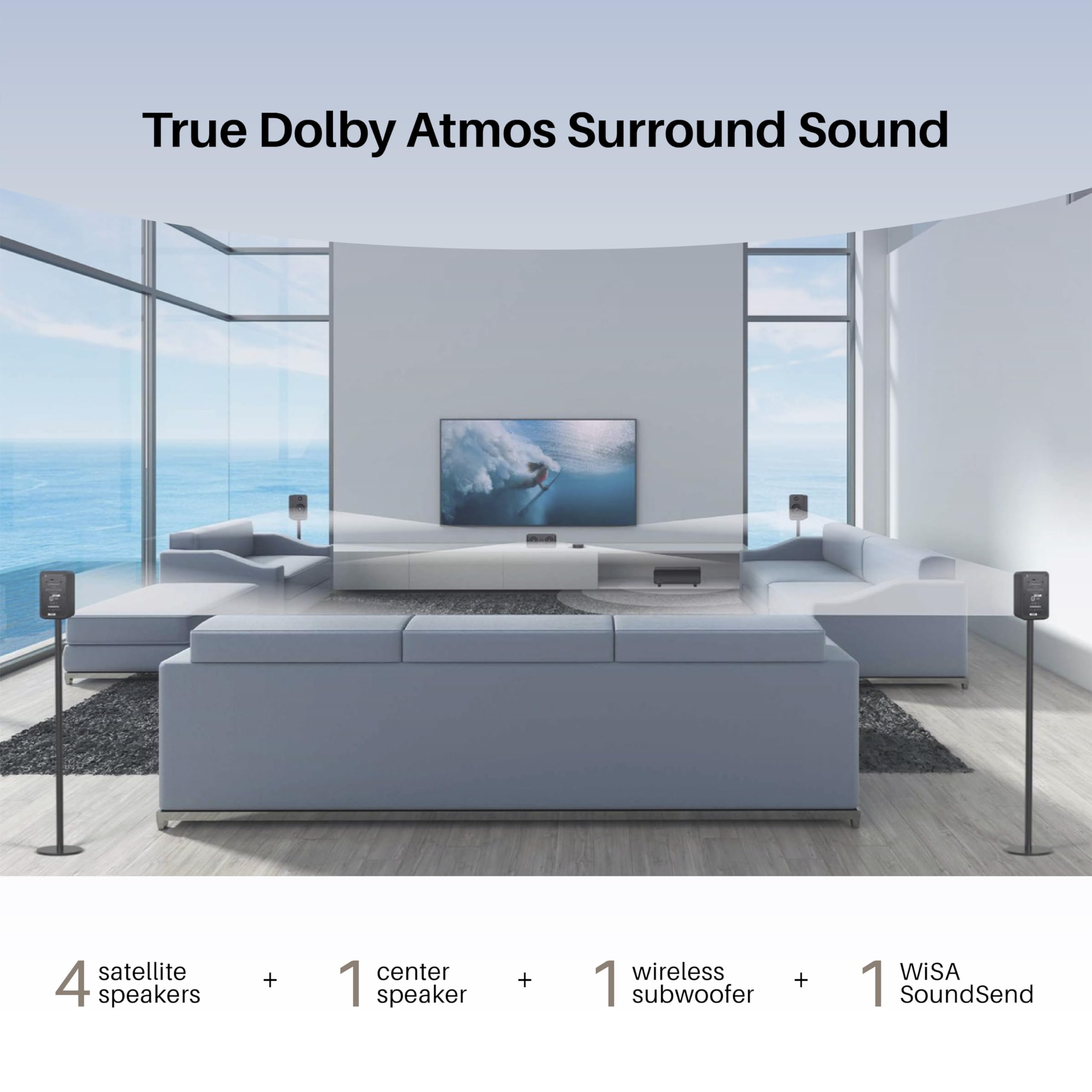 Système audio 5.1 sans fil avec Dolby Atmos – Système audio home cinéma Monaco, système de son surround WiSA, accordé THX, audio 24 bits, pour TV et Xbox, noir