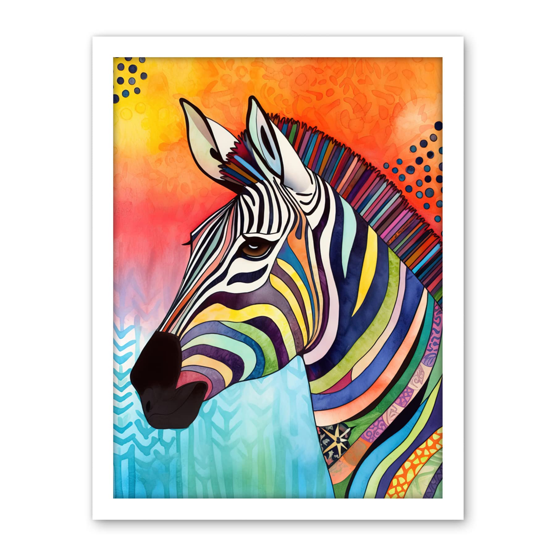 Artery8 Zebra Folk Art Bright Multicoloured Artwork Framed Wall Art Print 18X24 Inch