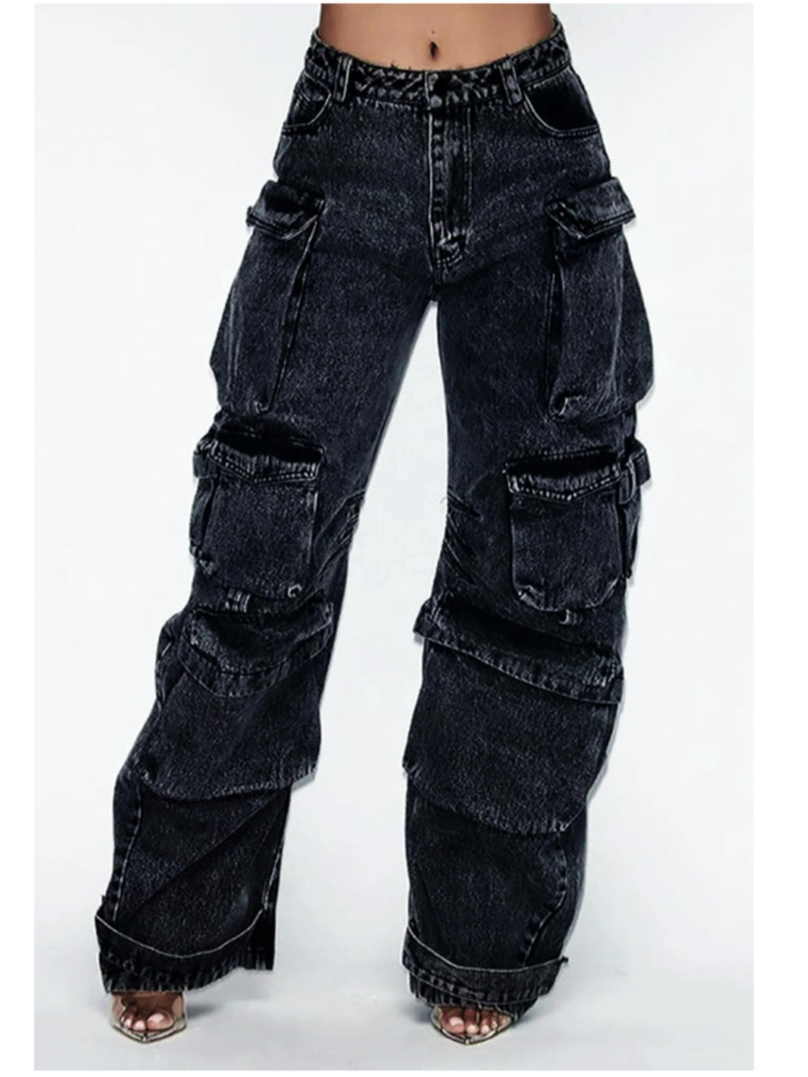 Multi-Pocket-Persönlichkeitsdesign, einfarbig, Y2K-Baggy-Jeans, Damen, High Street, Hip-Hop, weites Bein, lässig, gerade, hoch taillierte Jeans-1-M