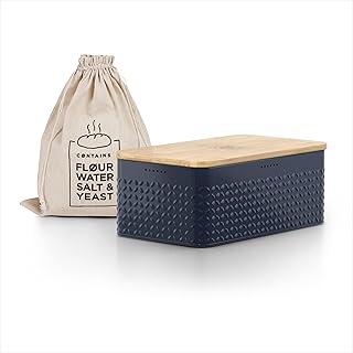 LARS NYSØM Bread Box I Metal bread box with linen bag for long lasting freshness I Baked goods Bin with bamboo lid usable as cutting board I 13.4x7.3x5.3In (Midnight Blue)