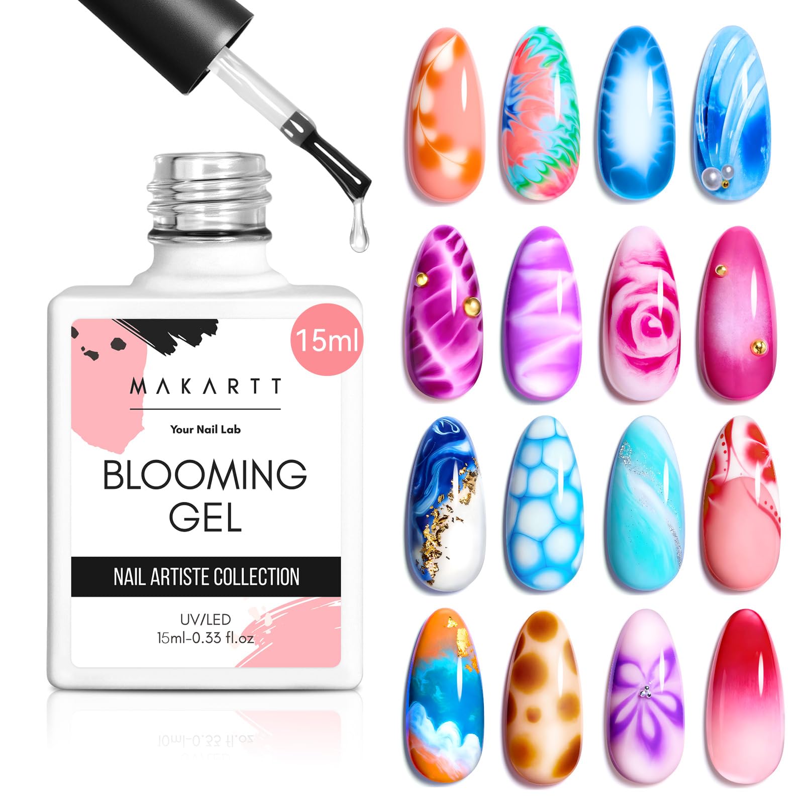 Makartt Clear Blooming Gel 15ml UV LED Soak Off Nail Art Polish for Spreading Effect Marble Nail Polish Gel Paint Nail Designs for DIY Color Flower Watercolor Magic Beauty Gift