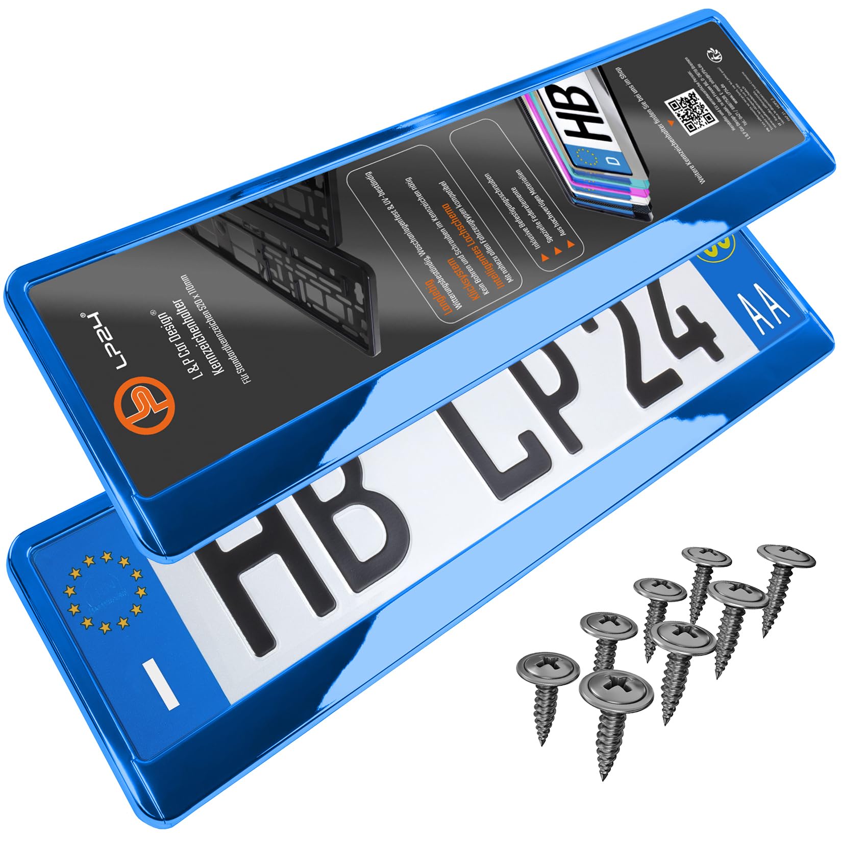 Portatarga Auto - Supporto Targa - [semplice, durevole e sicuro] - 8 viti - 520x110 mm - Blu Cromo - Porta Targa - adatto a qualsiasi auto - per targhe italiane omologate - Fissaggio per Targa