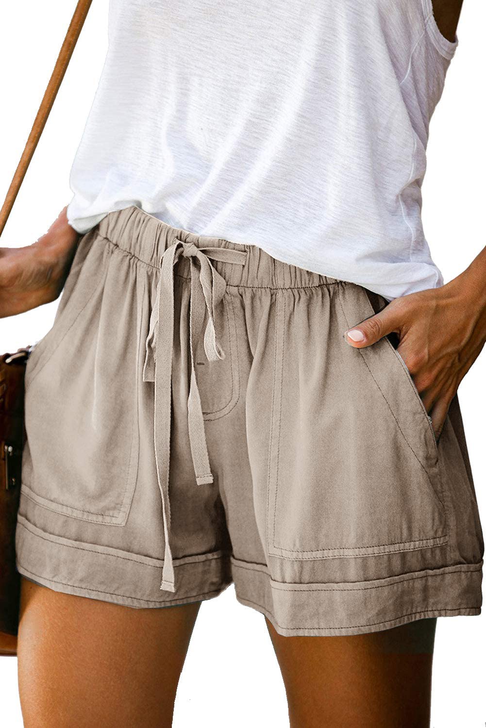 Mosucoirl Women Comfy Drawstring Casual Elastic Waist Pure Color Shorts Summer Beach Lightweight Short Pants with Pockets